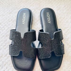 HOFENY Black Crystal Slide Sandals for Women